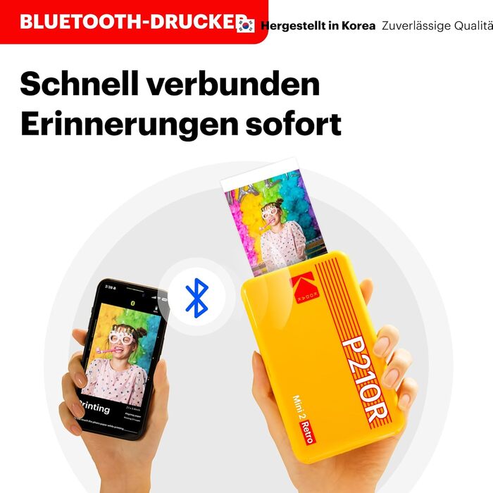 KODAK P210 Mini 2 Retro: Портативний кольоровий фотопринтер, сумісний зі смартфонами (iOS & Android), Bluetooth, 54x86 мм, технологія 4Pass, ламінування, 38 аркушів, білий 54 x 86 мм