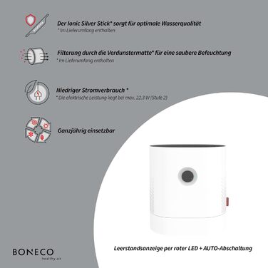 Зволожувач повітря BONECO W220, 6 л, для кімнат до 50 м², дуже тихий <35 дБ, 2 режими, авто-вимкнення, верхнє наповнення, білий
