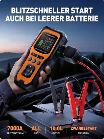 Бустер для авто TREKURE 7000A: Пусковий пристрій 12V з тестером акумулятора та OBD2 діагностикою для бензинових та дизельних двигунів до 10.0L, з LED-ліхтарем