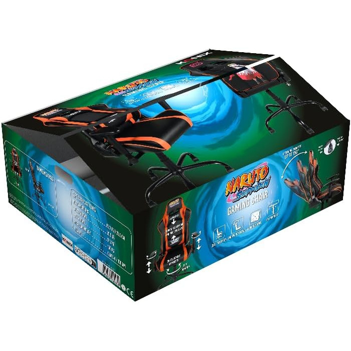 Ігрове крісло Konix Naruto Shippuden Premium, PVC-шкіра, ергономічне, з подушками для попереку та шиї, нахил 150°, дизайн Хокаге, чорне з помаранчевим