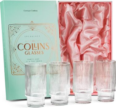 Набір склянок для коктейлів GLASSIQUE CADEAU Art Deco 400 мл, 4 шт. – вінтажні рифлені високі склянки для джин-тоніку, лонгдринків, мохіто