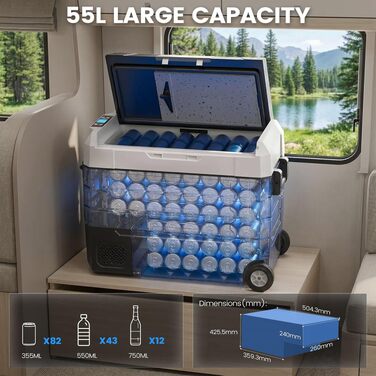 Автомобільний холодильник KROAK 55L з Bluetooth, Dual-Zone (-20°C/+20°C), 12/24/230V – для кемпінгу, авто, вантажівок, з колесами та перегородкою