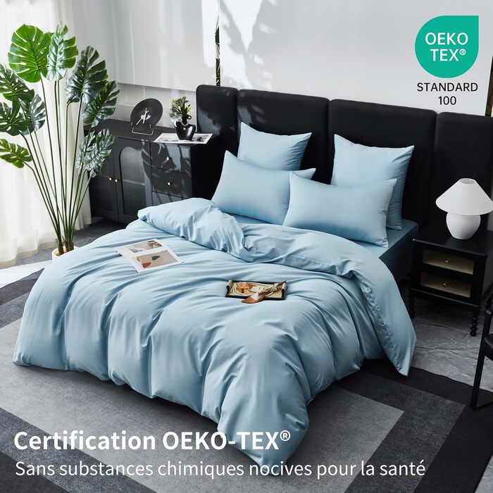 Постільна білизна Deluxe з бавовняного сатину, комплект для двоспального ліжка (220x240 см + 2 подушки 65x65 см), світло-блакитний, дихаюча тканина