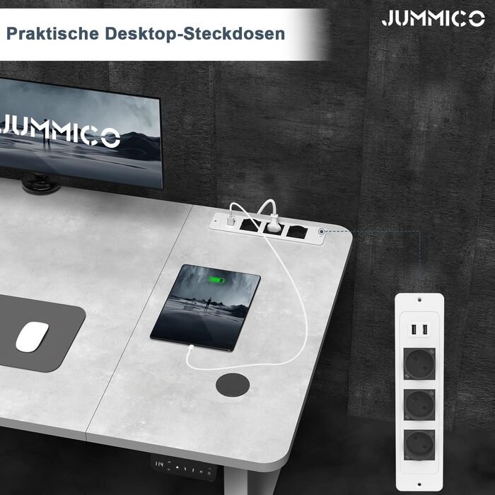 Електричний підйомний стіл JUMMICO 160x80 см, регульований по висоті письмовий стіл з бездротовою зарядкою, USB-портом та розеткою, сірий