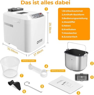 Хлібопекарня Kitchen in the Box з 12 програм, дозувальник і антипригарна форма, таймер 13 годин, білий