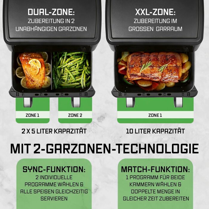 Аерофритюрниця GOURMETmaxx AirGenius 10Л з двома камерами (2x5Л), сенсорним керуванням та 10 програмами приготування, для 8 осіб