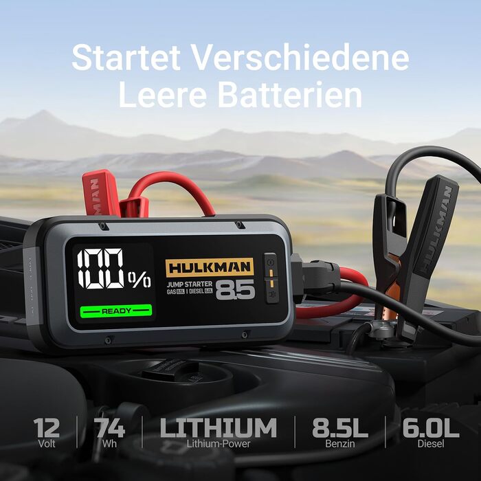 Пусковий пристрій для авто HULKMAN Alpha85 Jump Starter 2000A 20000mAh, портативний бустер акумулятора для бензинових двигунів до 8.5 л та дизельних до 6 л