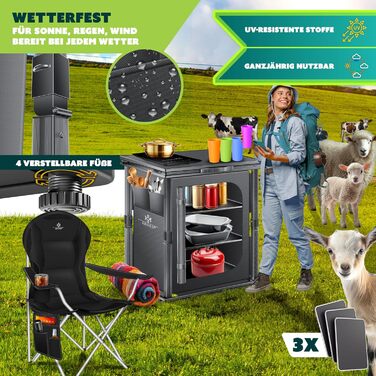 Кухня для кемпінгу KESSER® розкладний шафа 60x80см | Кухонний шафа з алюмінієвим каркасом, 3 відділення, 4-ий набір чашок, бічні кишені, москітна сітка | Розкладний кухонний блок для кемпінгу з UV-стійкої тканини, 3 полиці, антрацит