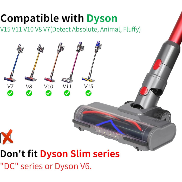Насадка-щітка для пилососа Dyson V7/V8/V10/V11/V15 з LED, для килимів, паркету та твердих підлог, заміна щітки з блокуванням тригера