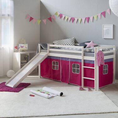 Дитяче ліжко Homestyle4u 90x200 см, біле, з гіркою та рожевим шторкою, дерев'яне ліжко-горище з сосни для дитячої кімнати