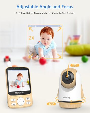Радіоняня HelloBaby з камерою, 29 годин роботи, монітор для немовлят з поворотним механізмом, нічна зйомка, двосторонній зв'язок (HB6340)