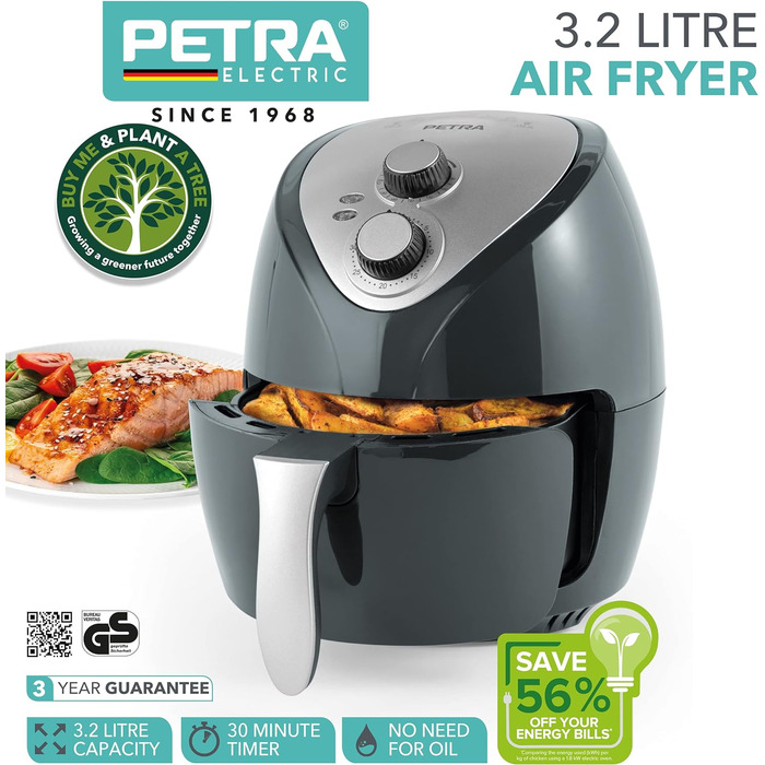 Аерофритюрниця Petra PT5314HEVDEEU10, 3,2 л, антипригарний кошик, циркуляція гарячого повітря, мінімум олії, таймер 30 хв, індикатори роботи, терморегулятор, 1300 Вт