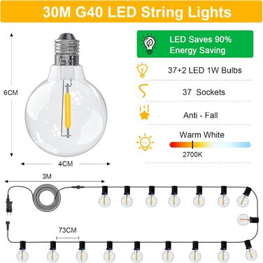 LED гірлянда вулична 30м, тепла біла, диммована, з таймером, IP44, для саду, балкона, вечірки