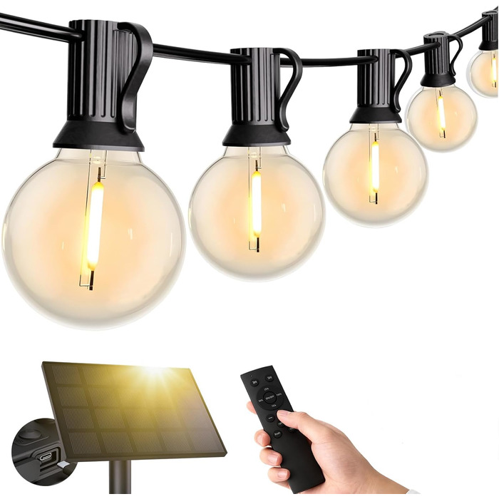 Гірлянда вулична LED 45м, 150 ламп G40, тепла біла, IP44, для саду, тераси, весілля, 24V (Солярна - 15м)