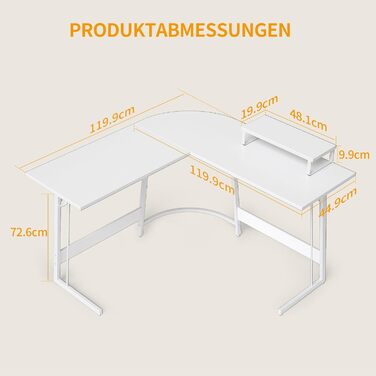 Кутовий письмовий стіл CubiCubi 120x120 см, білий, з полицею для монітора та шухлядами, комп'ютерний стіл для офісу, простий монтаж, місткий, компактний L-подібний стіл