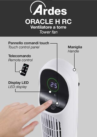Турмовентилятор ARDES AR5T1000 Horacle HRC, 100 см, білий, з дистанційним керуванням, автоматичною осциляцією, 3 швидкості, таймер, цифрова панель керування