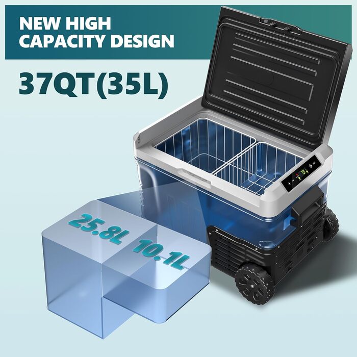 Автохолодильник EUHOMY 35L з Wi-Fi та компресором: 12/24V, 220-240V, -20℃~20℃, з колесами та кошиками для подорожей та кемпінгу (Чорний)
