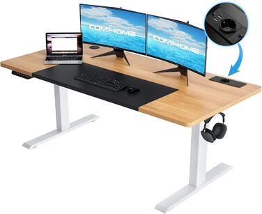 COMHOMA Стол письмовий регульований по висоті 160x70 см з USB-роз'ємом та гачками, Електричний стіл для комп'ютера, Стол для стоячи-сидячи, Піднятий стіл (Коричневий, 60*140 см)