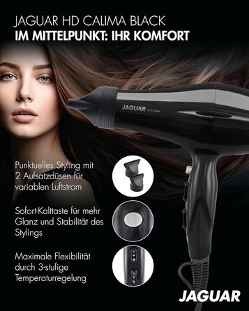 Професійний фен JAGUAR HD CALIMA Black, потужний, з кнопкою холодного повітря, регулюванням нагріву та швидкості, чорний