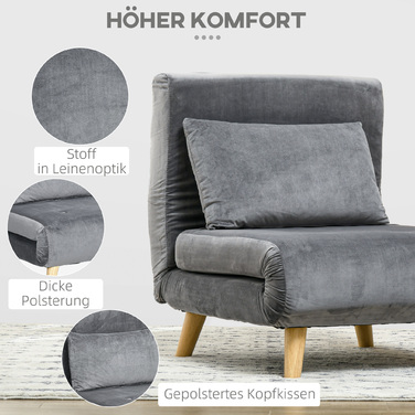 Розкладне крісло HOMCOM Sleeper з функцією ліжка та подушками, гостьове ліжко з регульованою спинкою, оксамитовий вигляд, до 125 кг, сірий