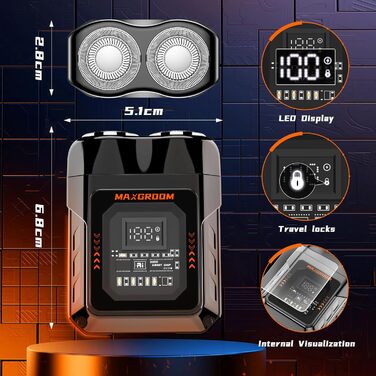 MAXGROOM Міні-бритва для чоловіків, електрична, волога та суха, портативна, з LED-дисплеєм, акумуляторна, USB Type-C, магнітні леза, чорна/сіра