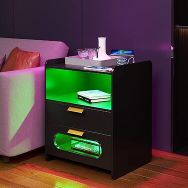 Розумна тумба Lvifur з LED-підсвіткою RGB, 2 шухляди, сенсор, бездротова та USB зарядка, чорний глянець