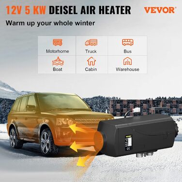 Автономний дизельний опалювач VEVOR 12V 8kW з LCD-дисплеєм та пультом дистанційного керування, 0.16-0.62 л/год, чорний