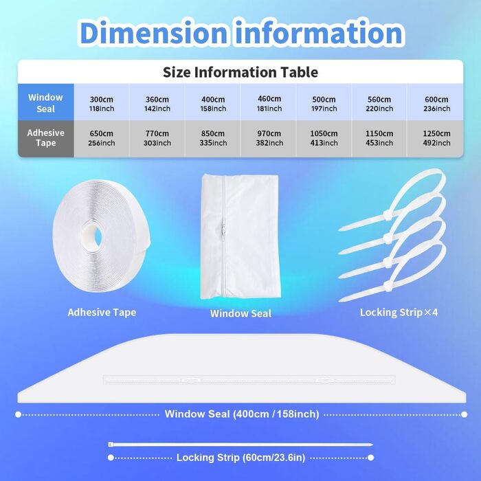 Ущільнювач для мобільного кондиціонера Fensterdichtung 400 см з блискавкою та липучкою - блокує гаряче повітря, для сушарок та кондиціонерів
