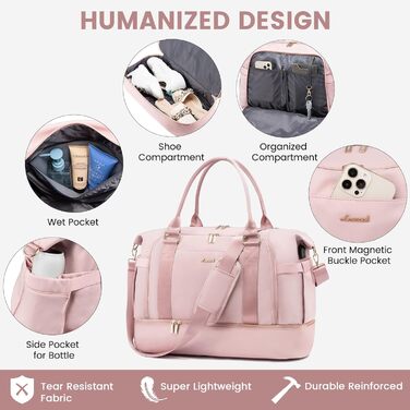 Спортивна сумка LOVEVOOK для подорожей, жіноча, 37L, рожева: Weekender, культ. сумка, відділення для взуття та мокрих речей