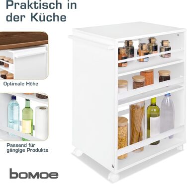 Кухонний візок bomoe Bengt на колесах, 3 рівні, FSC® дерево, універсальний сервірувальний столик 50x38x79 см, білий для кухні, ванної, офісу