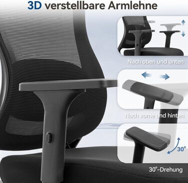 Ергономічне офісне крісло naspaluro до 150 кг, з сітчастою спинкою та 3D підлокітниками (Чорне)