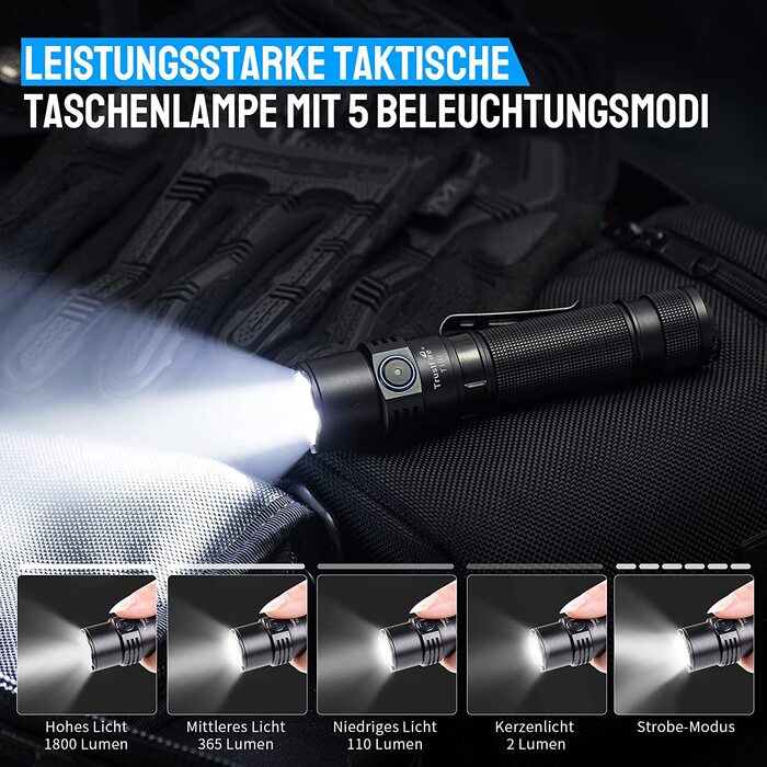 LED ліхтар Trustfire T11R, надяскравий 1800 люмен, USB-зарядка, 5 режимів, тактичний, водонепроникний IP68, для кемпінгу, туризму, екстрених ситуацій, чорний