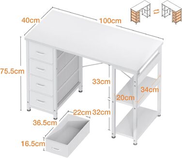 Письмовий стіл Coleshome з 4 шухлядами, 100x40 см, білий - комп'ютерний стіл з полицями для офісу, спальні, робочого кабінету