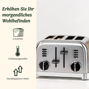 Тостер Cuisinart на 4 скибки з широкими слотами, 6 режимів підсмажування, функція розморожування, підйомний важіль, нержавіюча сталь