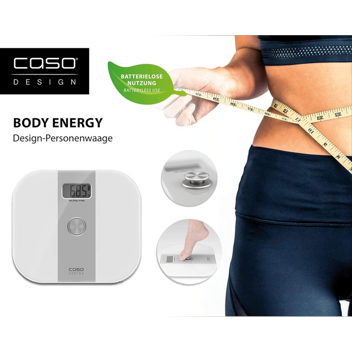 Електронні ваги CASO Body Energy з енергозберігаючою технологією, без батарейок, до 200 кг, точність 100 г, для дому, екологічні