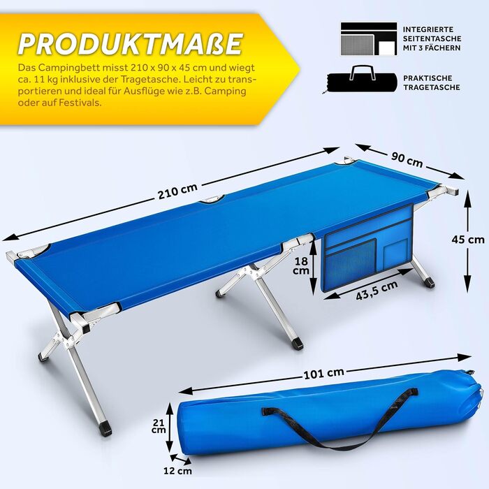 Розкладне кемпінгове ліжко TRESKO XXL 210x90x42 см, метал, синє, навантаження до 150 кг