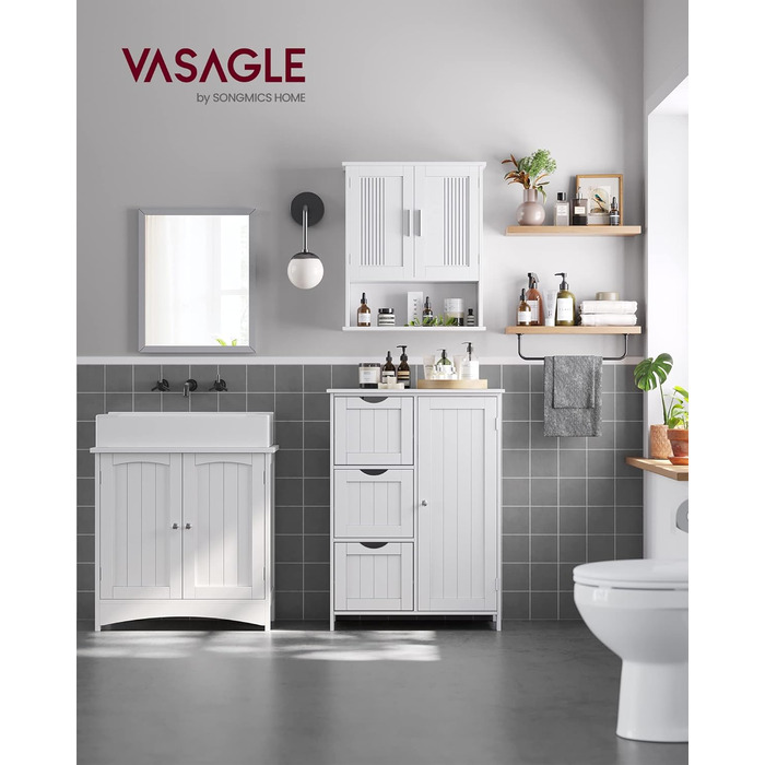 VASAGLE шафа для ванної кімнати, вузька комода з 3 шухлядами і дверцятами, регульована полиця, 30x60x80 см, хмарно-білий, кантрі стиль