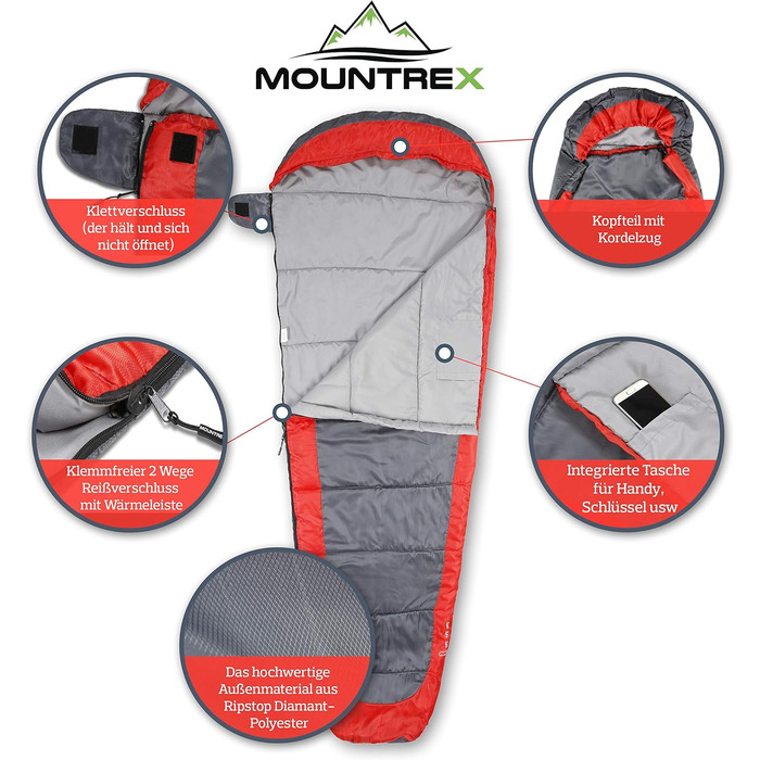 Спальний мішок MOUNTREX ультралегкий та компактний 850г, літній, мумія 205x75см, для підлітків і дорослих, з бонусною подушкою, для туризму та кемпінгу