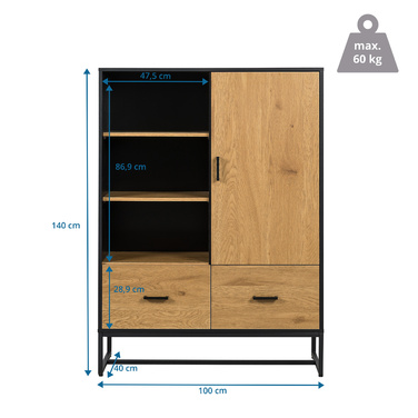 Шафа AMIO H 100x40x140 см, 2 висувні ящики, 1 дверцята, чорний/дуб, hjh LIVING