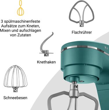 Кухонний комбайн KLAMER 1800W — Планетарний міксер для тіста з чашею 6л, 10 швидкостями та таймером, набір насадок (гак, вінчик, міксер), колір бірюзовий