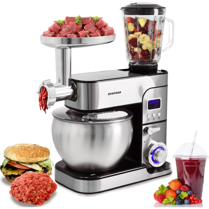 Кухонна машина Syntrox Germany Glumya 7 л, м'ясорубка, 1300 Вт, нержавіюча сталь, аксесуари для тіста й кремів, LED-дисплей, таймер, чорна
