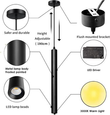 Світильник підвісний ACMHNC LED, 2 шт, циліндричний, чорний, для спальні, тумбочки, вітальні, сучасна регульована лампа, тепле біле світло, 30 см