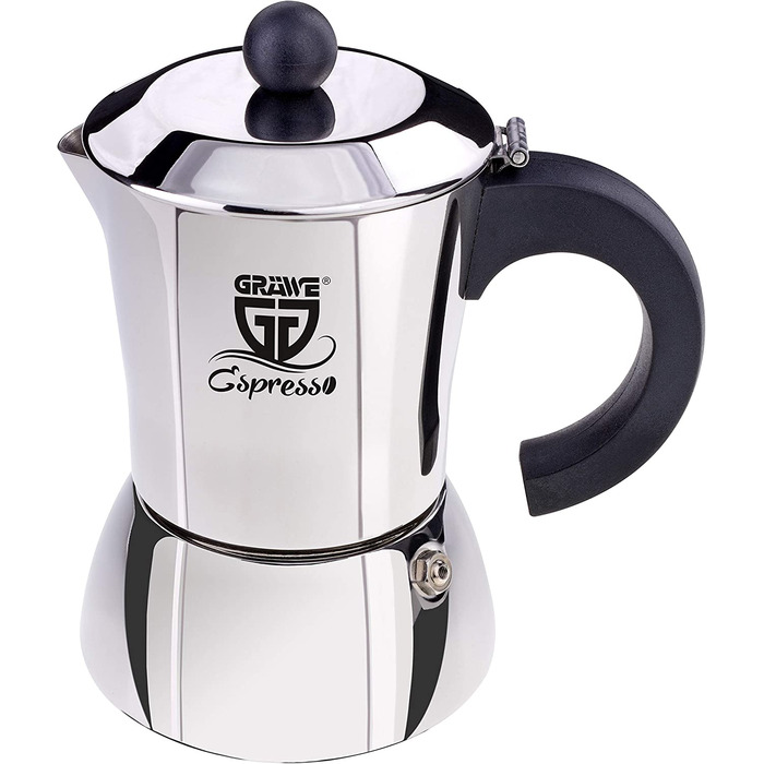 Кавоварка Gräwe espresso, виготовлена ​​з нержавіючої сталі (0 % алюмінію), ємність приблизно 200 мл або 4 маленькі чашки, також підходить для індукційних плит