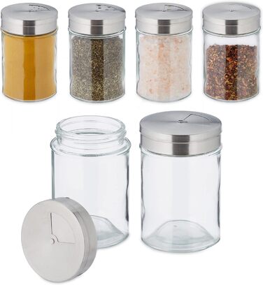 Набір баночок для спецій Relaxdays, 6 шт, 3 види отворів, скло та нержавіюча сталь, для спецій та трав, сріблясто-прозорі