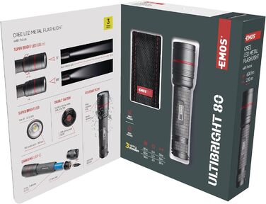 Ліхтарик EMOS акумуляторний CREE LED металевий з фокусом Ultibright 80, 3 режими, ударостійкий, водонепроникний, 600 люмен, до 230 м, з ремінцем і чохлом, для дому та вулиці, сірий
