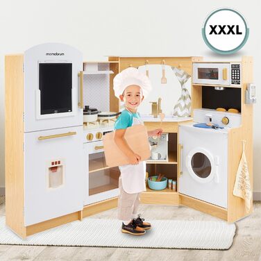 Дерев'яна кухня Мамабрум XXXL з LED-підсвічуванням та диспенсером для кубиків льоду - дитяча кухня з аксесуарами (мікрохвильова піч, посуд, столові прибори) для дітей 3+