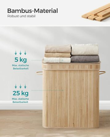 Кошик для білизни SONGMICS з кришкою, 100 л, бамбук, знімний мішок, ручки, натуральний бежевий