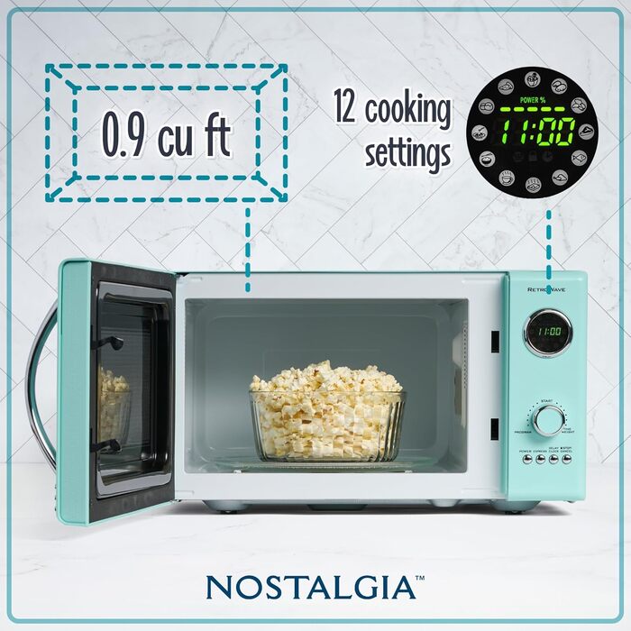 Мікрохвильова піч Nostalgia Retro для кухні 800 Вт, 25 літрів, аква, 12 програм, цифровий годинник