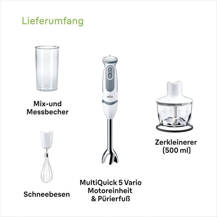 Блендер Braun MultiQuick 5 Vario MQ5235WH, 1000 Вт, нержавіюча сталь, комплект насадок, білий/сірий, енергоефективний