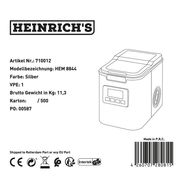 Машина для льоду HEINRICHS, льодогенератор з таймером, 3 розміри кубиків льоду, LCD-дисплей, резервуар 2,2 л, автоматичне очищення, нержавіюча сталь, 120 Вт